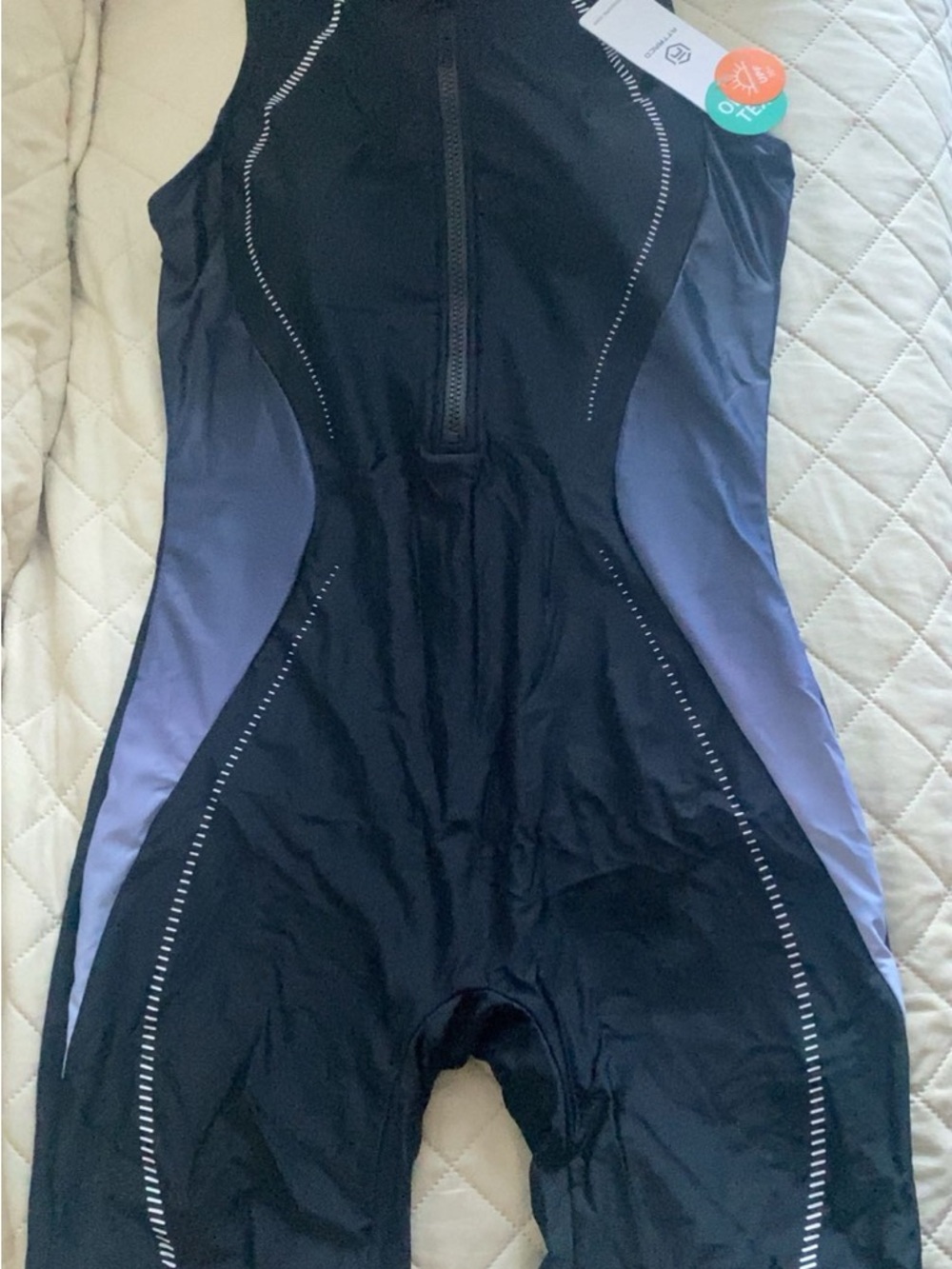 Women's Black One-Piece Front-Zip Swim Suit with Blue Side Panels - Picture 5 of 6